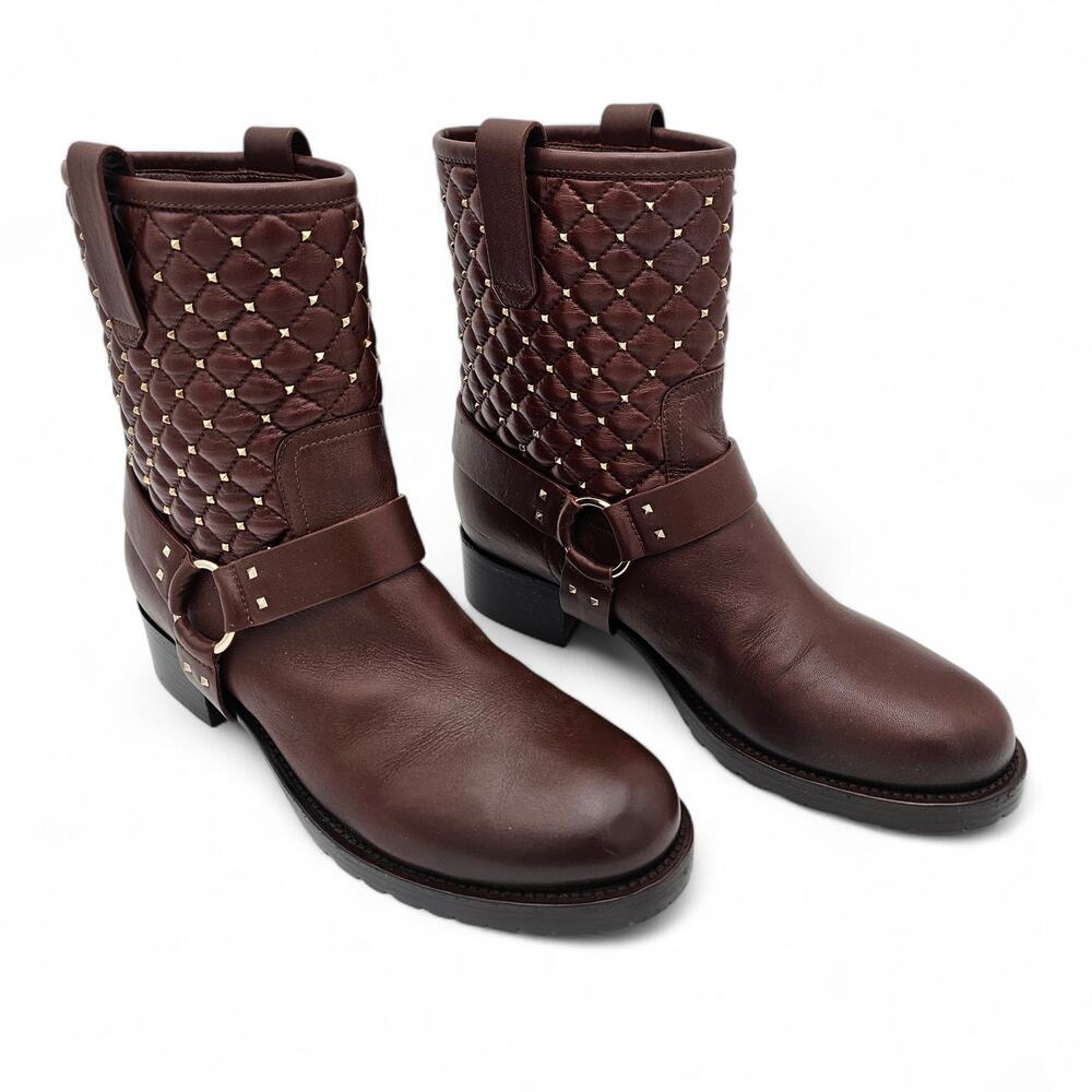 Valentino Garavani Rockstud Quilted Moto Harness Boot Brown Leather 40 US 10 - Picture 2 of 11